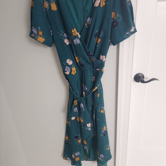 Modcloth faux wrap tie waist teal floral dress size S - Picture 5 of 5